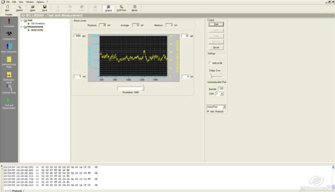 Imagen de la aplicación ISOStart con gráfica del ruido en entorno instalación RFID HF